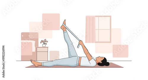 Woman Stretching Leg with Yoga Strap on Mat at Home