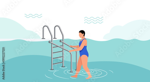 Woman walking into a swimming pool using ladder for aquatic therapy