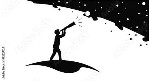 Astronomer silhouette looks through a telescope at the vast starry night sky above.