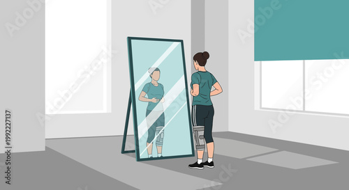 Woman with leg brace looking in mirror, physical therapy and recovery concept