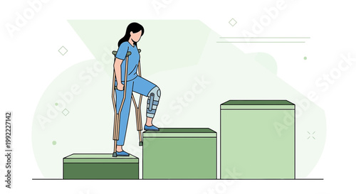 Woman with crutches and leg brace climbing stairs, symbolizing recovery and progress