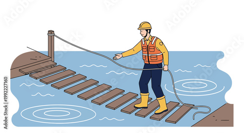 Worker crosses unstable makeshift bridge over water, pulling rope for safety
