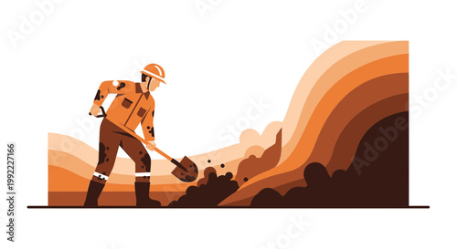 Worker Digging Soil, Landslide Cleanup, Earth Moving, Disaster Relief