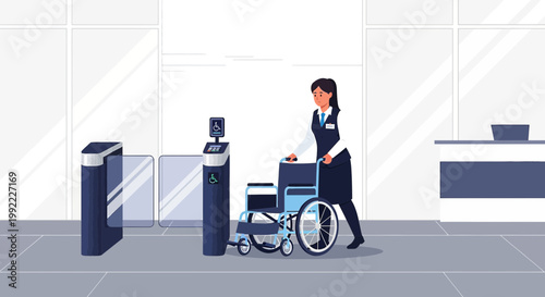 Woman Assists Person in Wheelchair Through Security Gate at Modern Building