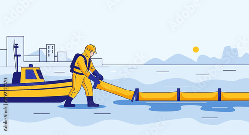 Worker deploys oil boom from boat to contain spill, environmental protection concept