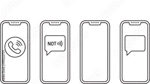 Modern smartphone interface icons showing call notification message bubbles and empty mobile device screens collection. Vector Illustration