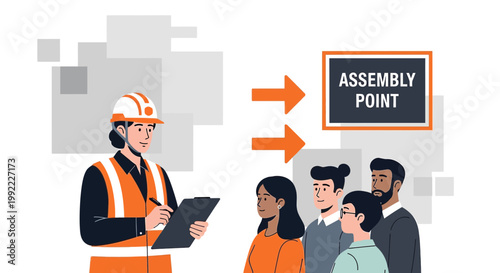 Safety Officer Directs Diverse Group to Assembly Point During Emergency Evacuation Drill