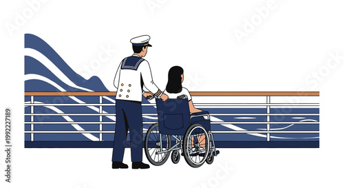 Sailor assisting woman in wheelchair on cruise ship deck, sea view