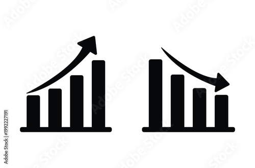 Black bar chart graphs with rising and falling arrows rising arrow