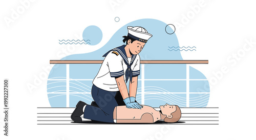 Sailor Performs CPR on Dummy: Emergency Medical Training on Deck
