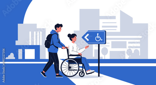 Young man pushing woman in wheelchair towards accessibility sign, urban background