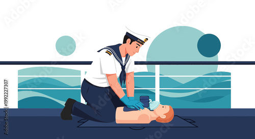 Sailor Performing CPR on Mannequin on Ship Deck, Maritime Emergency Training