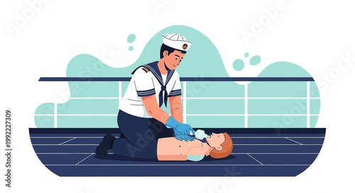 Sailor Performs CPR on Person on Ship Deck, Emergency Medical Aid