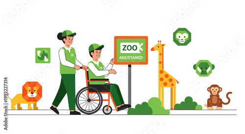 Zoo Assistance: Staff Member Pushes Person in Wheelchair, Encountering Animals