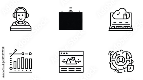 Digital Design Icons: A comprehensive set of sleek, monochrome icons designed to represent various facets of the digital world, perfect for web design, application interfaces.