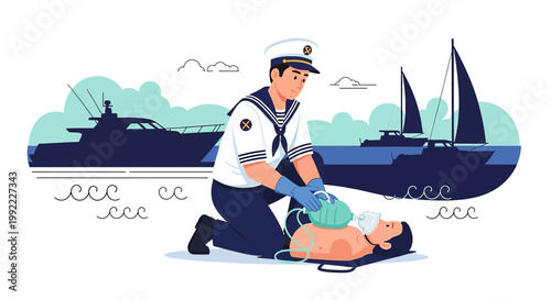 Sailor Performs CPR on Patient Near Boats, Emergency Rescue Training