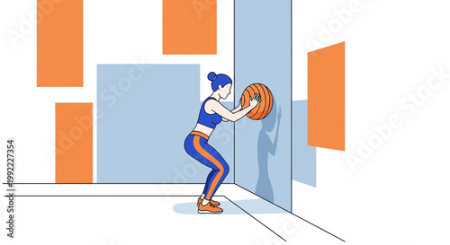 Woman doing wall ball exercise in a modern gym with geometric wall art