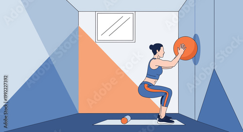 Woman doing wall ball squat exercise in a modern gym room