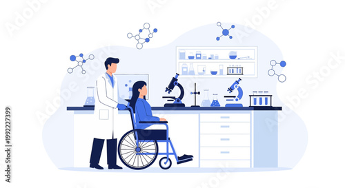 Scientist assisting patient in wheelchair in modern laboratory with molecular structures