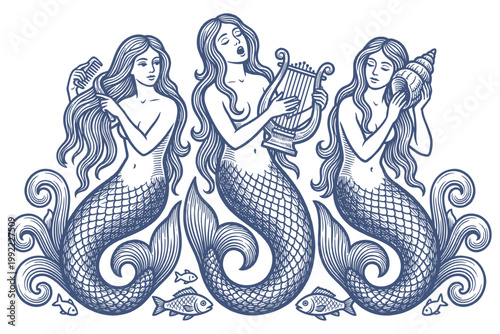 Three beautiful mermaids or sirens singing, playing the lyre, and listening to a seashell. Vector illustration in a vintage engraving style.