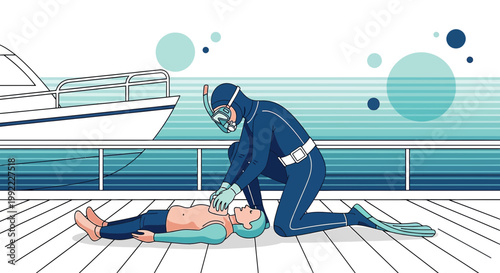 Scuba Diver Performs CPR on Person Lying on Boat Deck Near Water