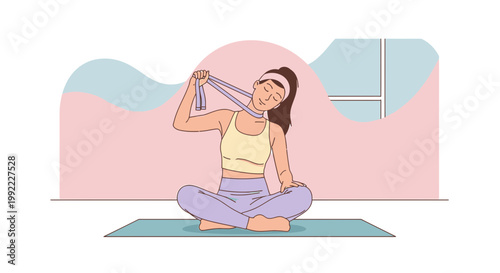Woman doing neck stretch with resistance band on yoga mat at home