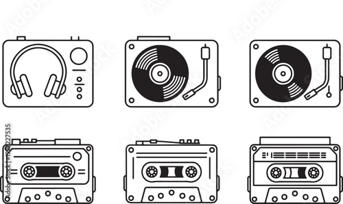 Retro music player equipment set featuring vintage turntable record player headphones and analog cassette tape icons set. Vector Illustration