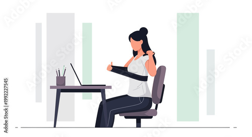 Woman doing physical therapy exercises at desk with laptop, ergonomic posture