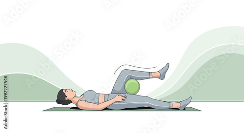 Woman doing physical therapy exercise with foam roller on her leg
