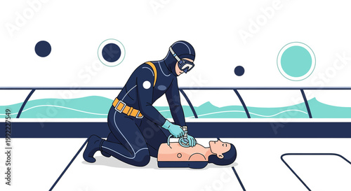 Scuba Diver Performs CPR on Training Dummy, Emergency Rescue Simulation