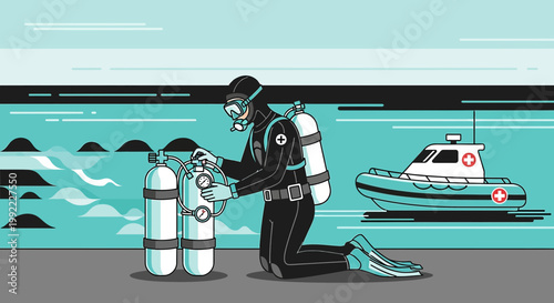 Scuba Diver Prepares Gear Next to Rescue Boat with Medical Cross