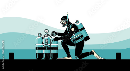 Scuba Diver Preparing Oxygen Tanks for Underwater Exploration