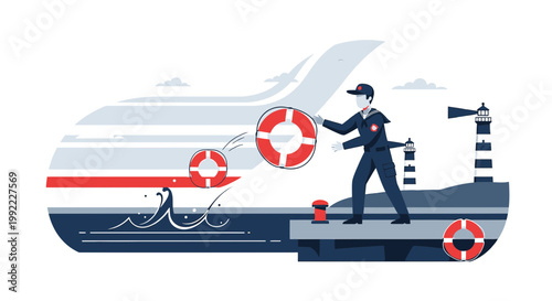 Seaman throws lifebuoy from ship to sea, rescue operation, maritime safety, lighthouse background