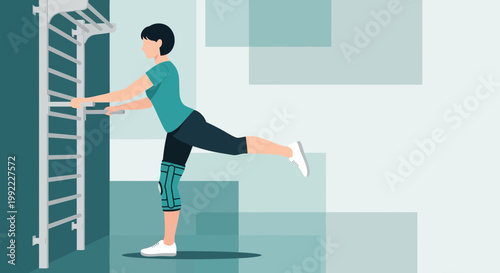 Woman doing physiotherapy exercise on wall bars, rehabilitation and fitness