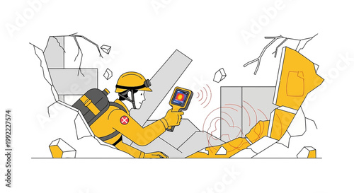 Search and Rescue: Rescuer with Thermal Camera in Collapsed Building