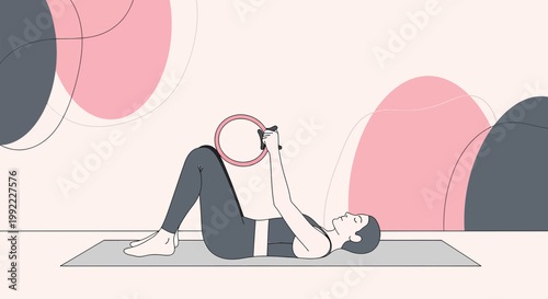 Woman doing Pilates with a ring on a mat, abstract shapes in the background