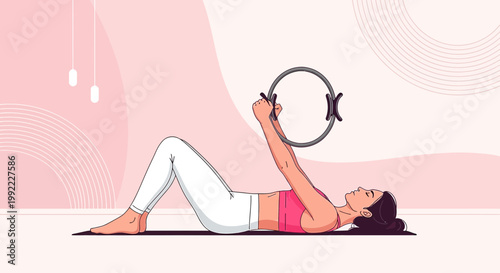 Woman Doing Pilates Ring Exercise on Mat, Fitness, Wellness, Healthy Lifestyle