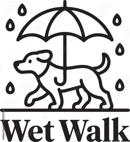 Dog walking under umbrella in rain with text Wet Walk