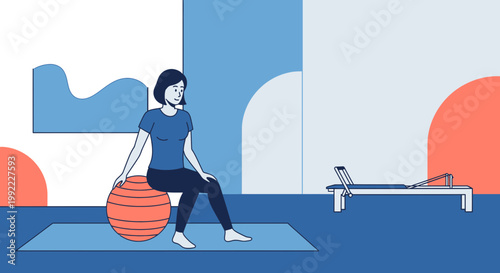 Woman doing Pilates exercise with a ball and reformer machine in a studio