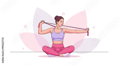 Woman doing shoulder stretching exercise with resistance band, sitting in lotus pose