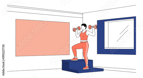 Woman doing step-ups with dumbbells, home fitness, healthy lifestyle