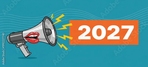 Creative Pop Art Vector Illustration of a Megaphone with Lips Announcing the Year 2027 for New Year Marketing and Future Trends Background Concept