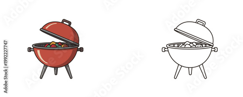 Classic round charcoal barbecue grill in flat red and black line styles with burning coals and smoke used for outdoor cooking and picnic parties