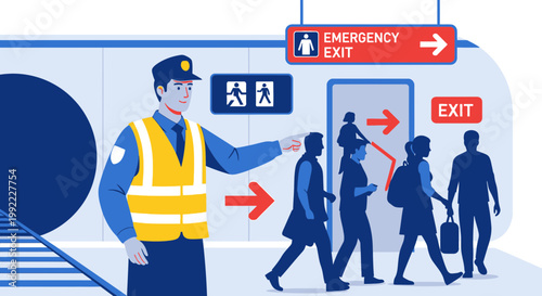 Security Guard Directs People to Emergency Exit in Subway Station