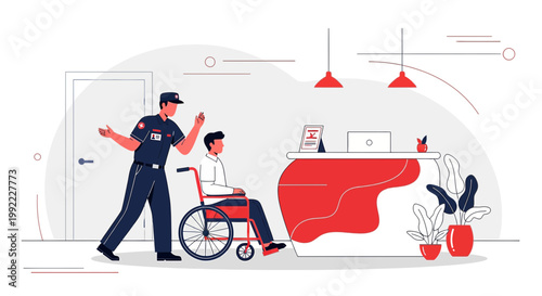 Security Guard Helps Man in Wheelchair at Reception Desk, Accessibility Concept