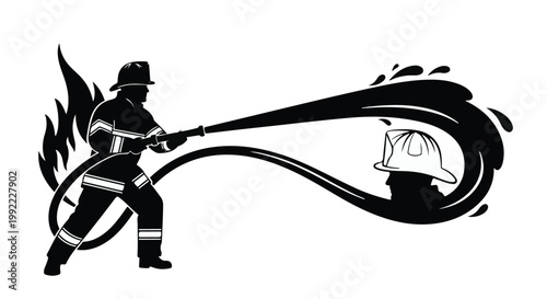 Firefighter uses a hose to extinguish flames in this dramatic rescue silhouette art.