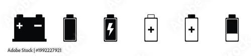 Set of Battery Level Icons and Car Battery Vector Shapes. Digital Power Indicators, Charging Symbols, Energy Status Icons, and Electric Storage Graphic Elements. Vector  Illustration