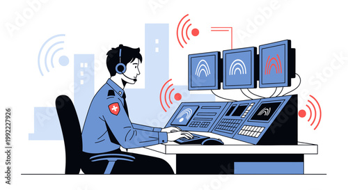 Security Operator Monitors System at Control Center with Futuristic Interface and Cityscape Background