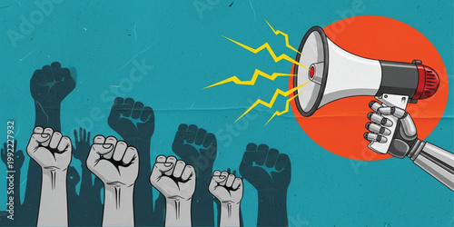 Future Technology Activism Concept Featuring Robot Arm Holding Bullhorn with Silhouette Raised Fists for Social Justice Movement Digital Protest and Human Rights Revolution