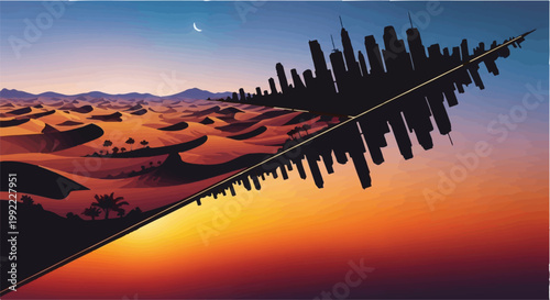 City skyline merges with a desert landscape in this creative conceptual illustration.